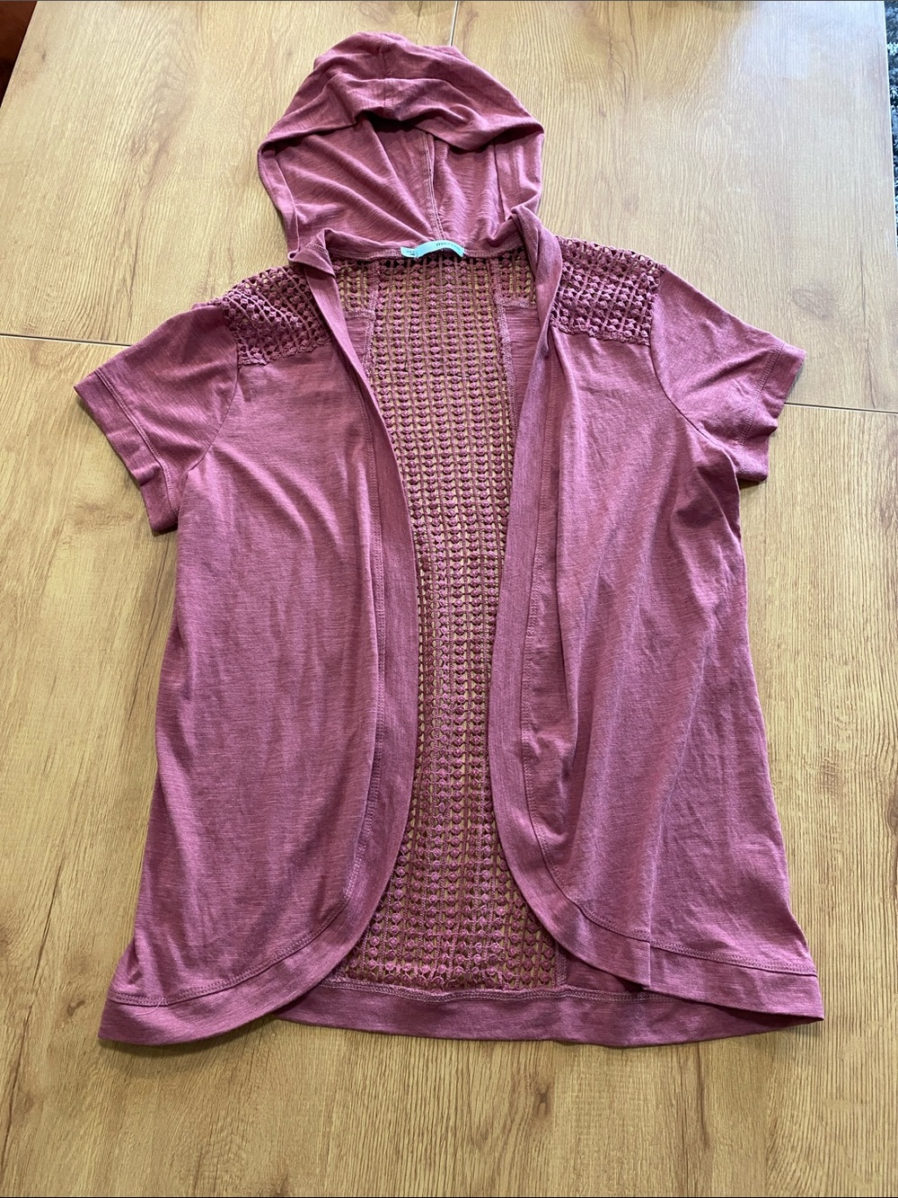Maurices Rose-Mauve Short-Sleeve Hooded Open Knit Cardigan